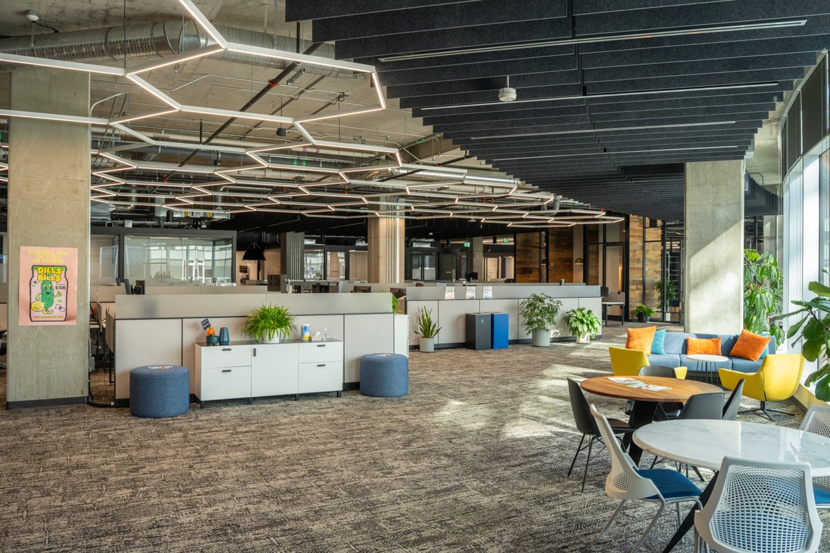 Open-concept corporate office interior photographed for a Manitoba workplace brand