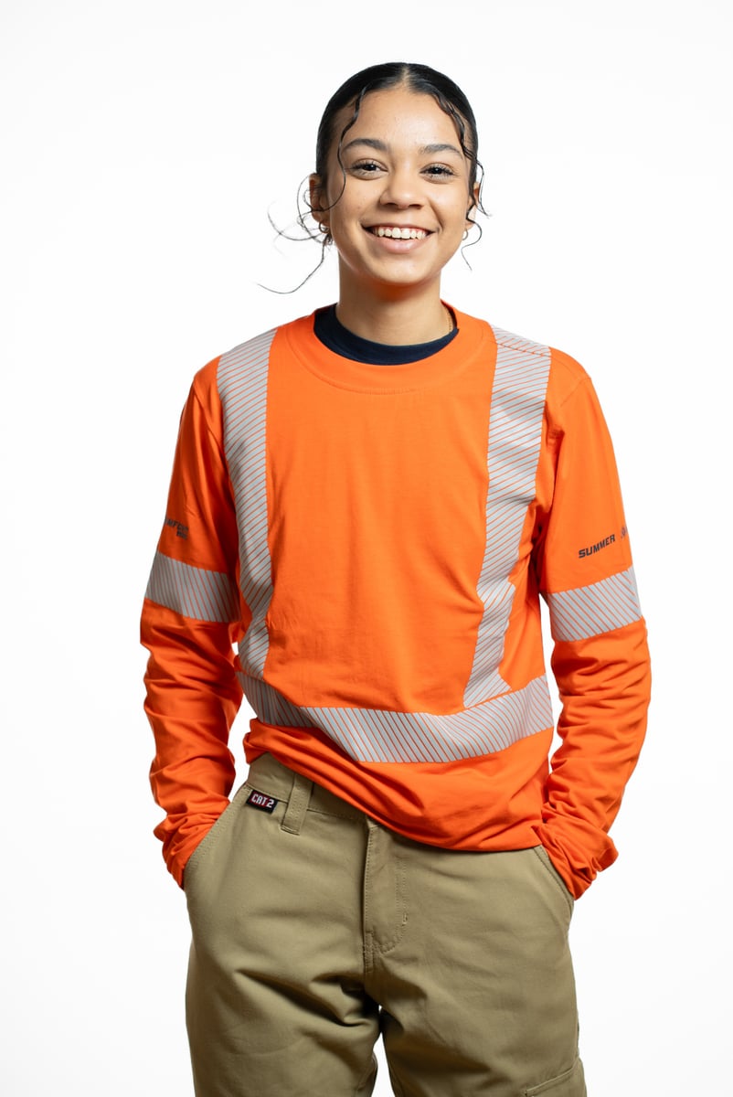 E-commerce photo of a worker wearing an orange hi-vis long sleeve shirt on white